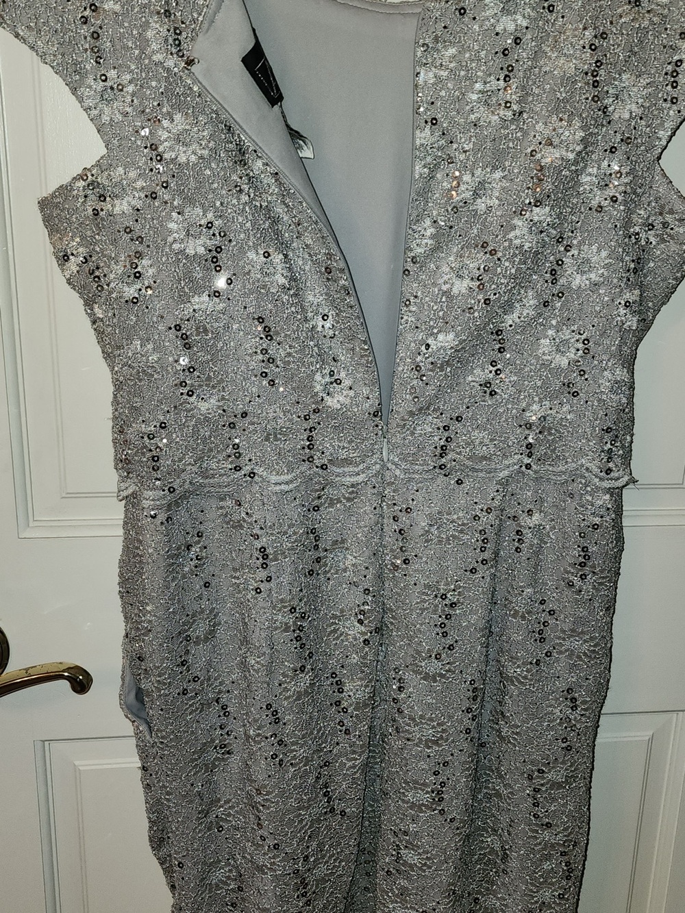 Alex Evenings Silver Sequin Lace V-Neck Evening Gown